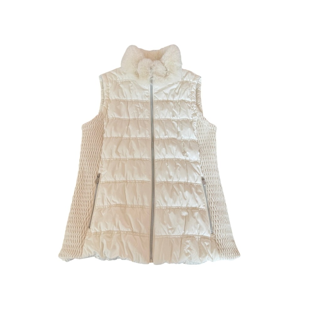 Calvin Klein Womens White Quilted Faux‎ Fur Collar Puffer Sleeveless Zip Up SZ S